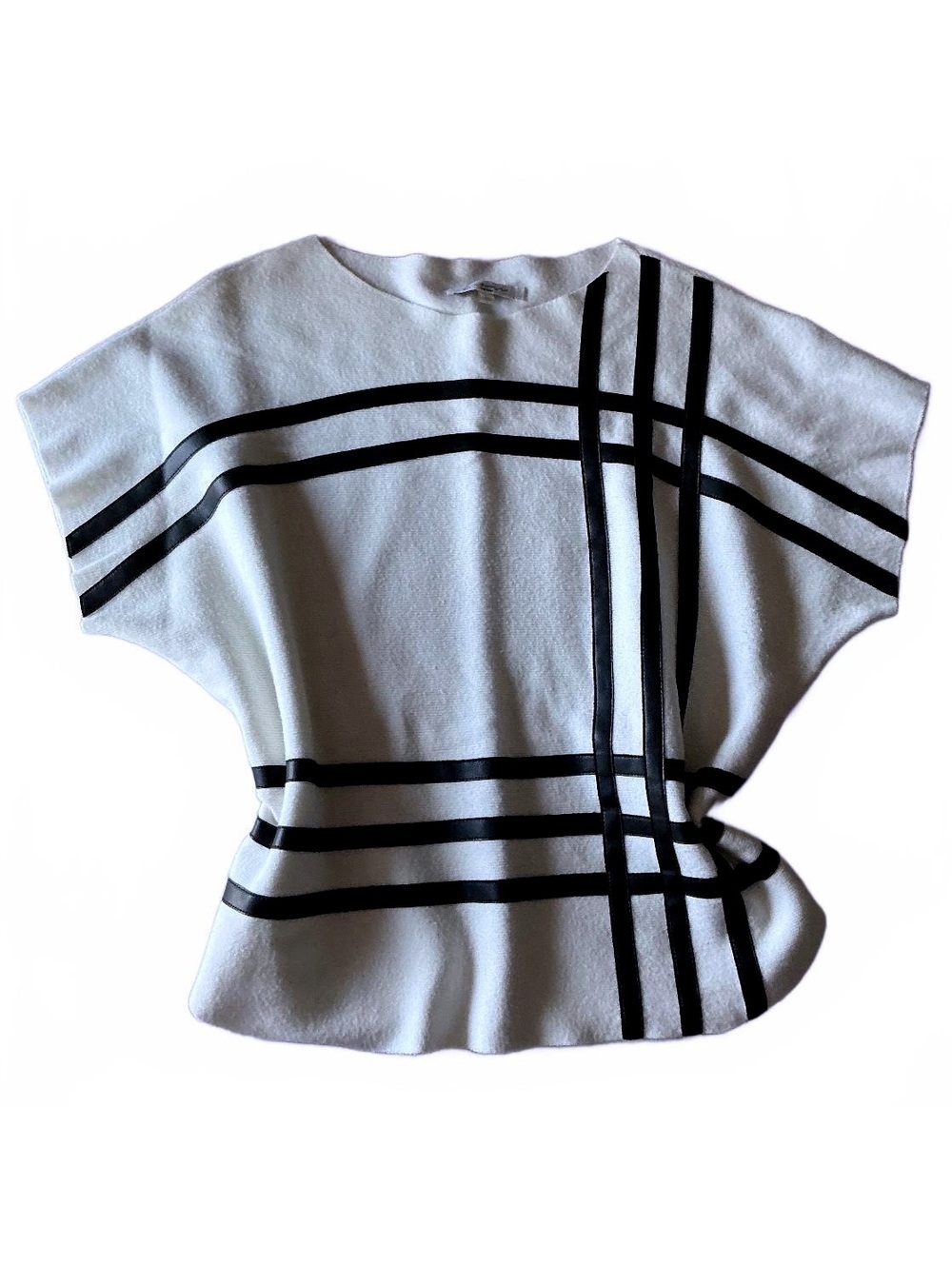 Sioni Milano White Crew Neck Top Faux Leather Stripe Detail Lightweight Sweater